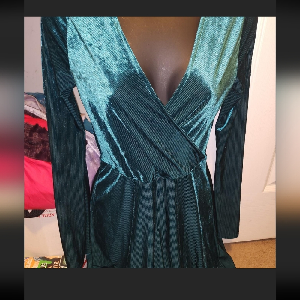 Express brand V Neck  green velvet knee length dress